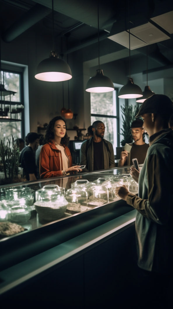This captivating AI-generated image showcases a contemporary and inviting dispensary store design, illustrating the capabilities of artificial intelligence in creating visually appealing marketing photos that leave a lasting impression on your target audience.